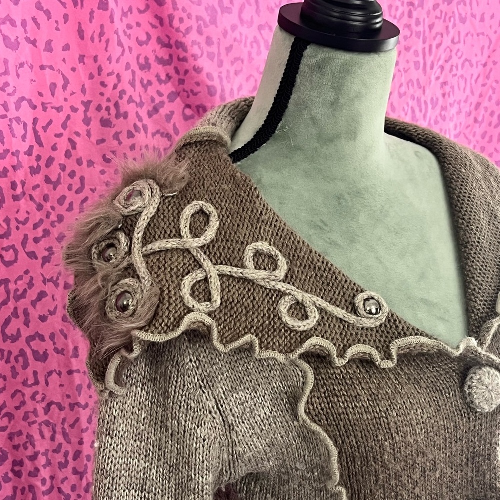 Brown Duster Sweater with Ruffle Trim - Picture 4 of 4
